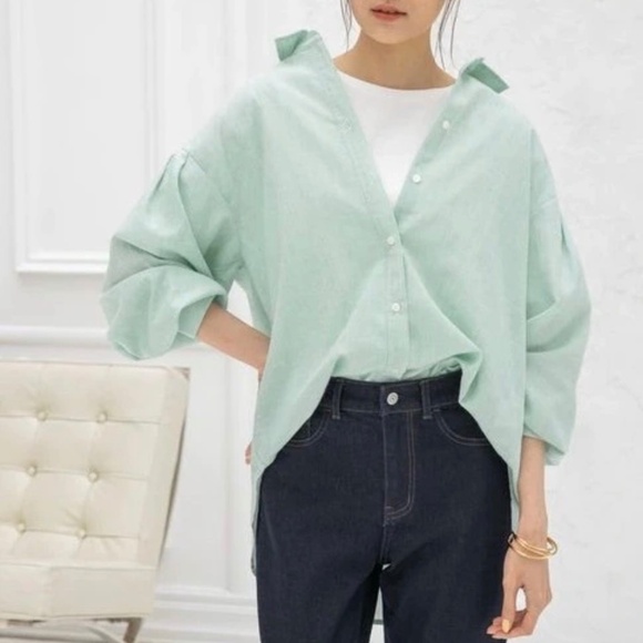 GLOBAL WORK Women’s Light Green Stripe Oversized Shirt Size L - Picture 1 of 6